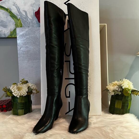 NEW Via Spiga Leather Wedge Over the Knee Kennedy OTK Wedge Heel Boots Black S… - Picture 9 of 16